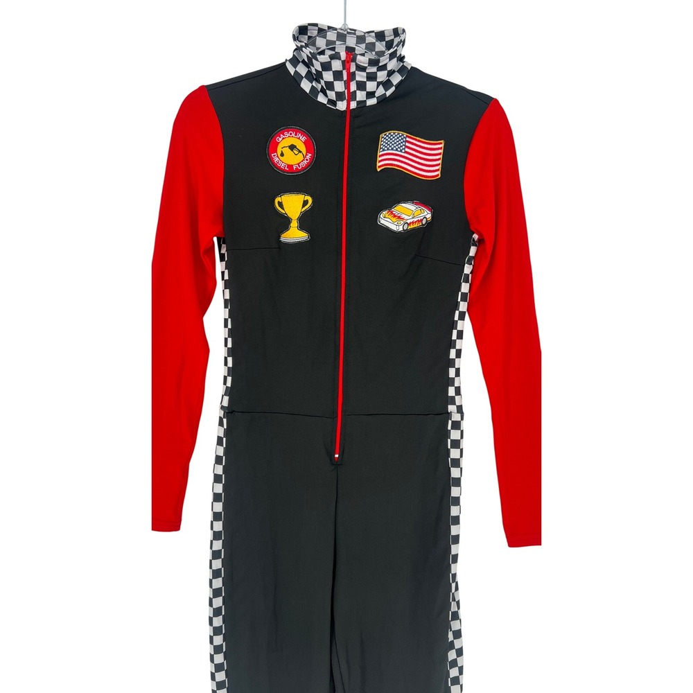 Spirit Halloween Race Car Driver Adult Small Black Red Checkered Costume - Picture 2 of 5